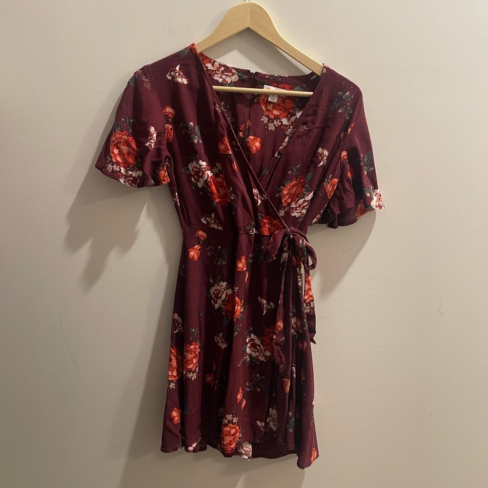Burgundy Floral Wrap Dress XS